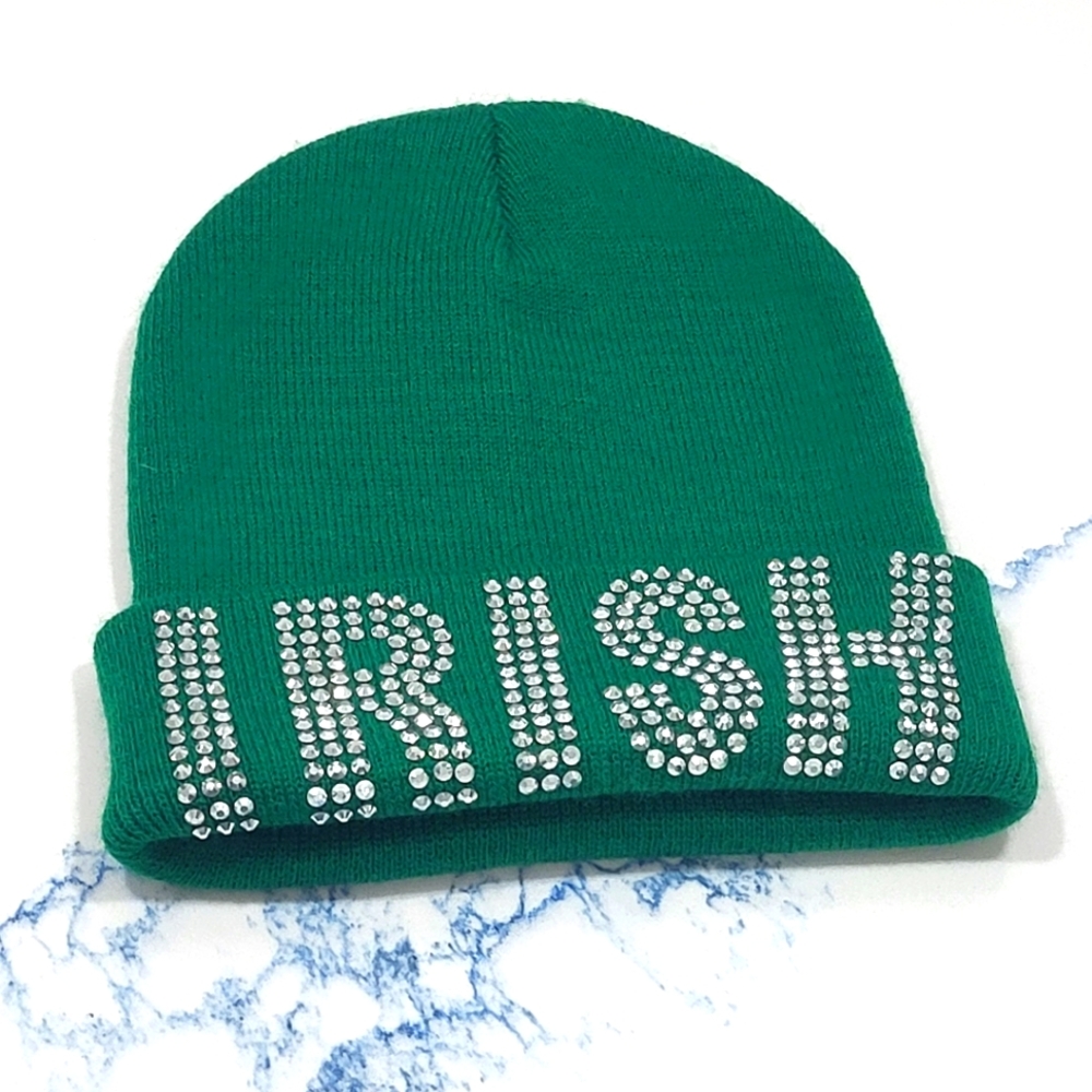 Vibrant Green Beanie Hat with Sparkling Irish Design